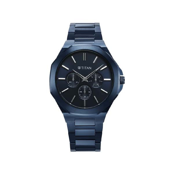 Titan Classic Slim Multifunction Quartz Multifunction Blue Dial Stainless Steel Strap Watch For Men (NT90198QM01)