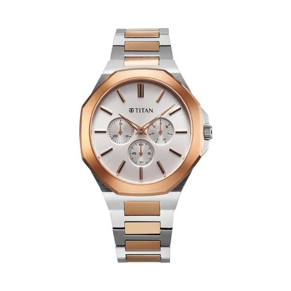 Titan Classic Slim Multifunction Multifunction Silver Dial Multicoloured Stainless Steel Strap Watch For Men (NT90198KM01)