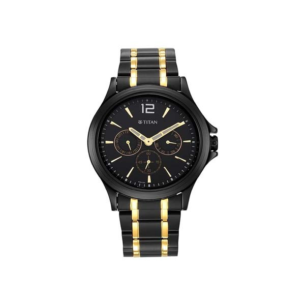 Titan Black and Gold Black Dial Quartz Multifunction Stainless Steel Strap watch for Men (NT1698KM02)