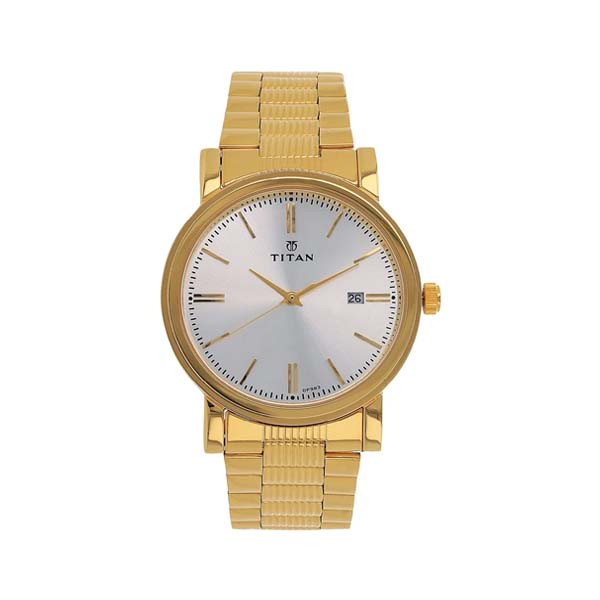 Titan Quartz Analog with Date Silver Dial Golden Stainless Steel Strap Watch For Men (NT1712YM02)
