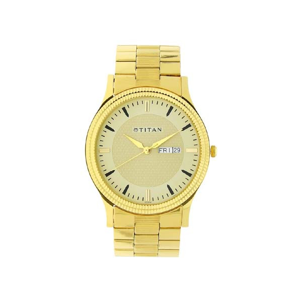 Titan Quartz Analog with Day and Date Golden Dial Stainless Steel Strap Watch for Men NT1650YM04)
