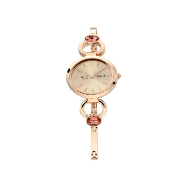 Titan Raga Viva Rose Gold Dial Analog with Day and Date Metal Strap Watch for Women (NT2621WM01)