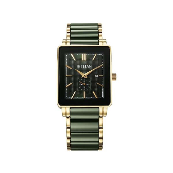 Titan Regalia Shaped Ceramic Quartz Analog with Date Green Dial Steel & Ceramic Strap Watch For Men (90013KD05)