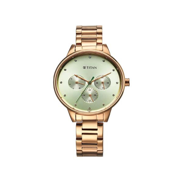 Titan Razzle Dazzle Quartz Analog with Day and Date Pink Dial Rose Gold Stainless Steel Strap Watch For Women (2648WM09)