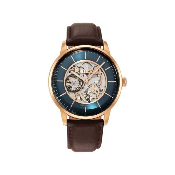 Titan Skeletal Automatic Blue Dial Brown Leather Strap Watch for Men (NT90110WL04)