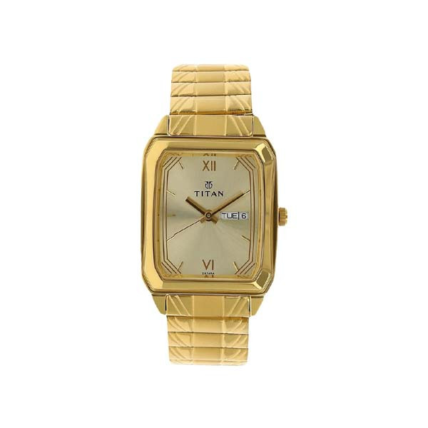 Titan Quartz Analog with Day and Date Champagne Dial Stainless Steel Strap Watch for Men (NT1581YM05)