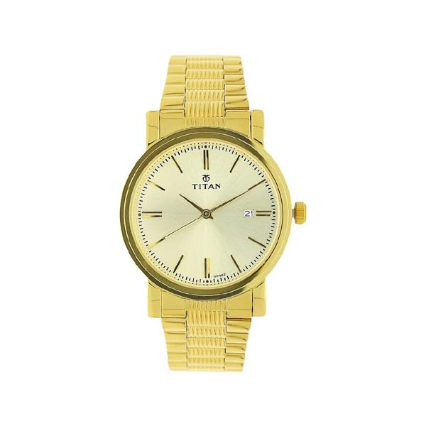 Titan Quartz Analog with Date Champagne Dial Golden Stainless Steel Strap Watch For Men (NT1712YM03)