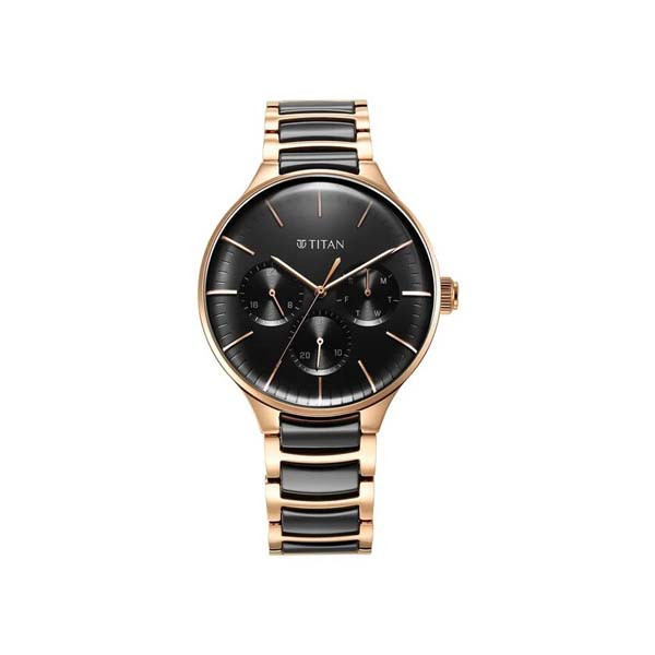 Titan Ceramic Fusion Quartz Multifunction Black Dial Rose Gold Dual-Toned Stainless Steel Bracelet Watch for Men (NT90148KD03)