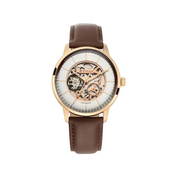 Titan Automatic Silver Dial Brown Leather Strap Watch for Men (NT90110WL03)