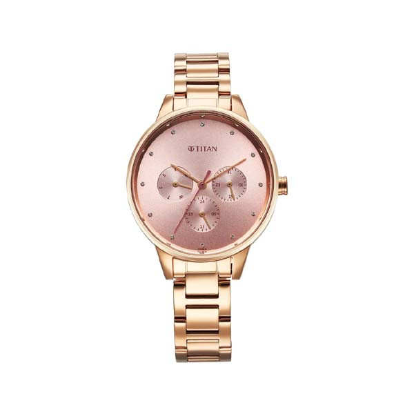 Titan Razzle Dazzle Quartz Analog with Day and Date Pink Dial Rose Gold Stainless Steel Strap Watch For Women (2648WM08)