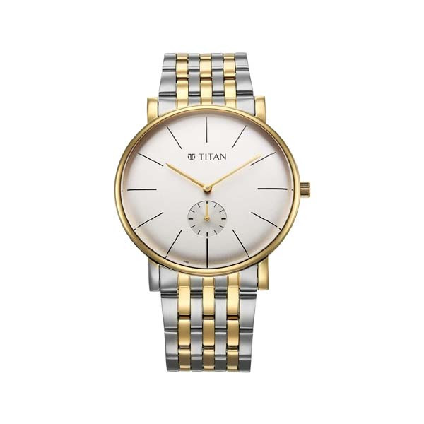 Titan Elegance Analog with Small Second and White Dial Stainless Steel Two Toned Strap Watch for Men (90203BM01)
