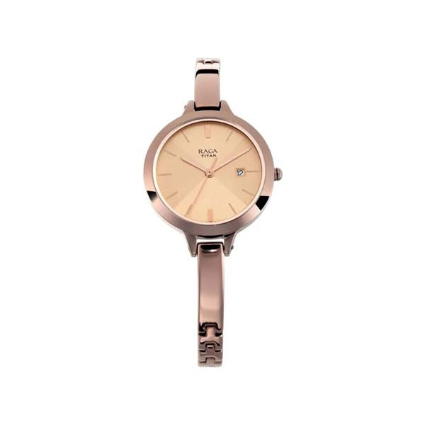 Titan Quartz Analog with Date Rose Gold Dial Brown Metal Strap Watch For Women (NT2578QM01)