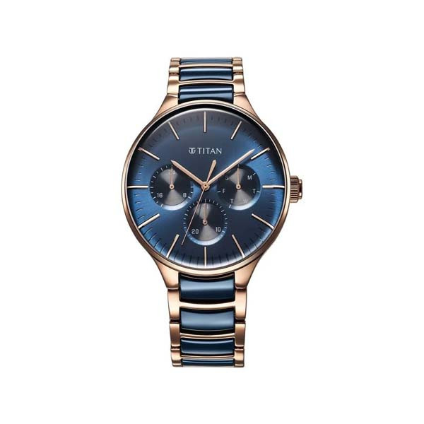 Titan Edge Quad Quartz Analog Blue Dial With Grey Stainless Steel Strap Watch For Men (NT10017QM01)