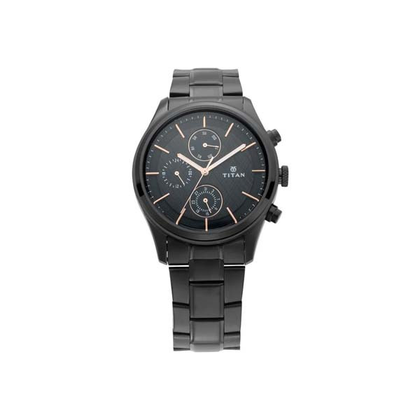 Titan Workwear Multifunction Black Round Dial Black Metal Strap Watch For Men (NT1805NM01)