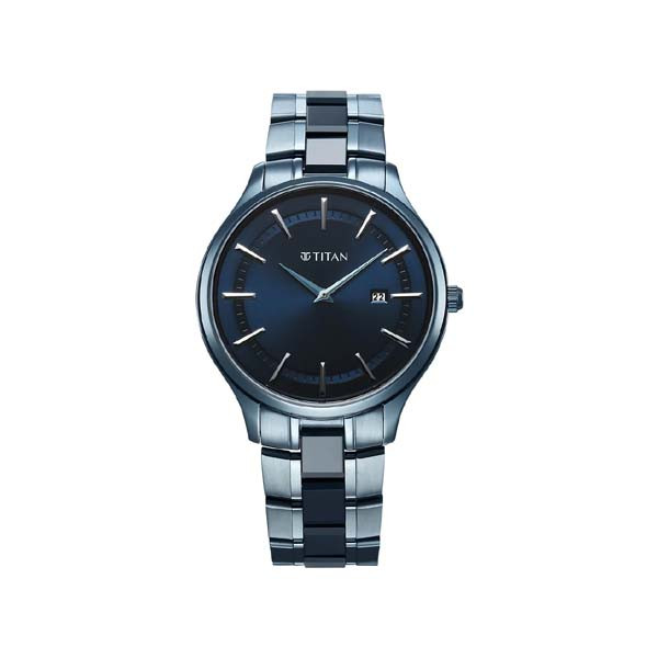 Titan Slim Ceramic Fusion Quartz Analog with Date Blue Dial Stainless Steel Strap Watch For Men (90142QD01)