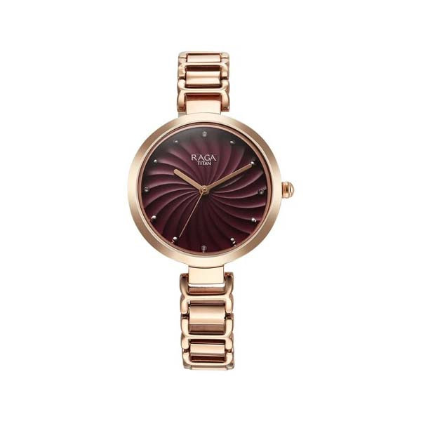 Titan Raga Memoirs Quartz Analog Burgundy Dial With Rose Gold Color Metal Strap Watch For Women (NT2752WM01)