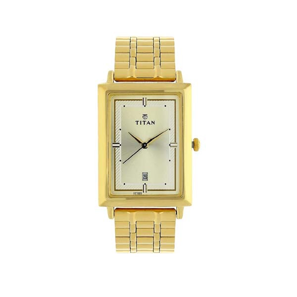 Titan Quartz Analog with Date Champagne Dial Golden Stainless Steel Strap Rectangular Shaped Watch For Men (NT1715YM02)