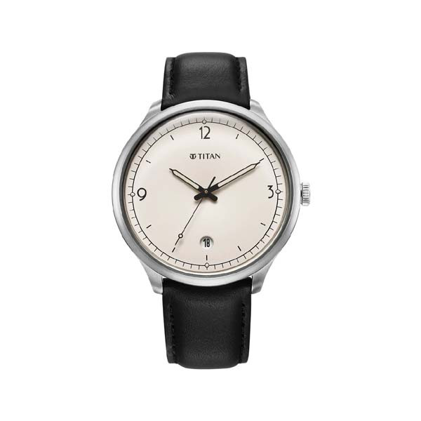 Titan Timeless Treasures Quartz Analog with Date White Dial With Black Color Leather Strap Watch For Men (10023SL05)