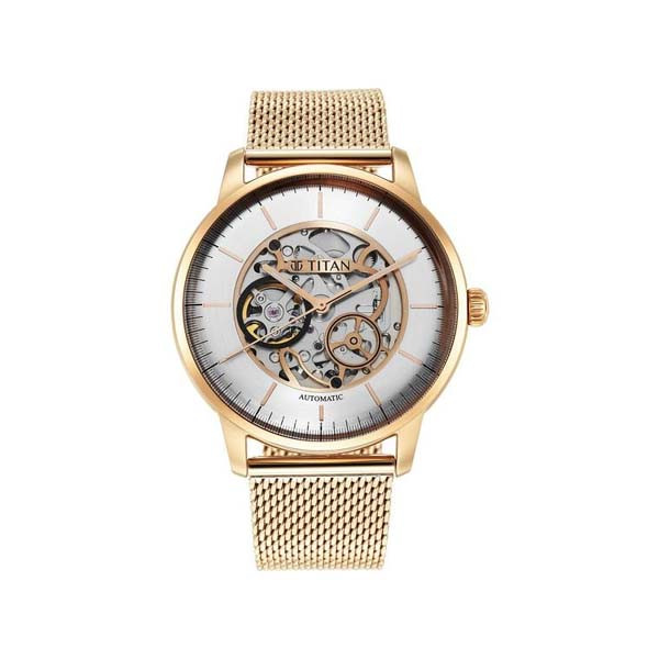 Titan Skeletal Automatic Gold Dial Gold Stainless Steel Strap Watch for Men (NT90110WM01)