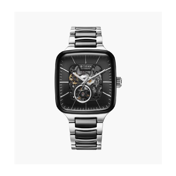 Titan Ceramic Fusion Automatic Square Black Dial Silver Dual-Toned Stainless Steel Bracelet Watch for Men (NT90175KD01)